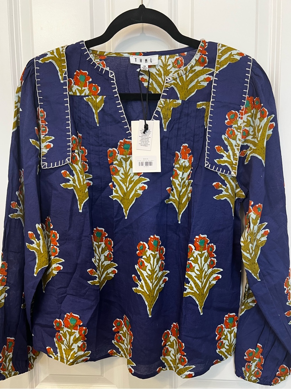 THML Navy Floral Print Long Sleeve Blouse with Orange & Olive Accents
